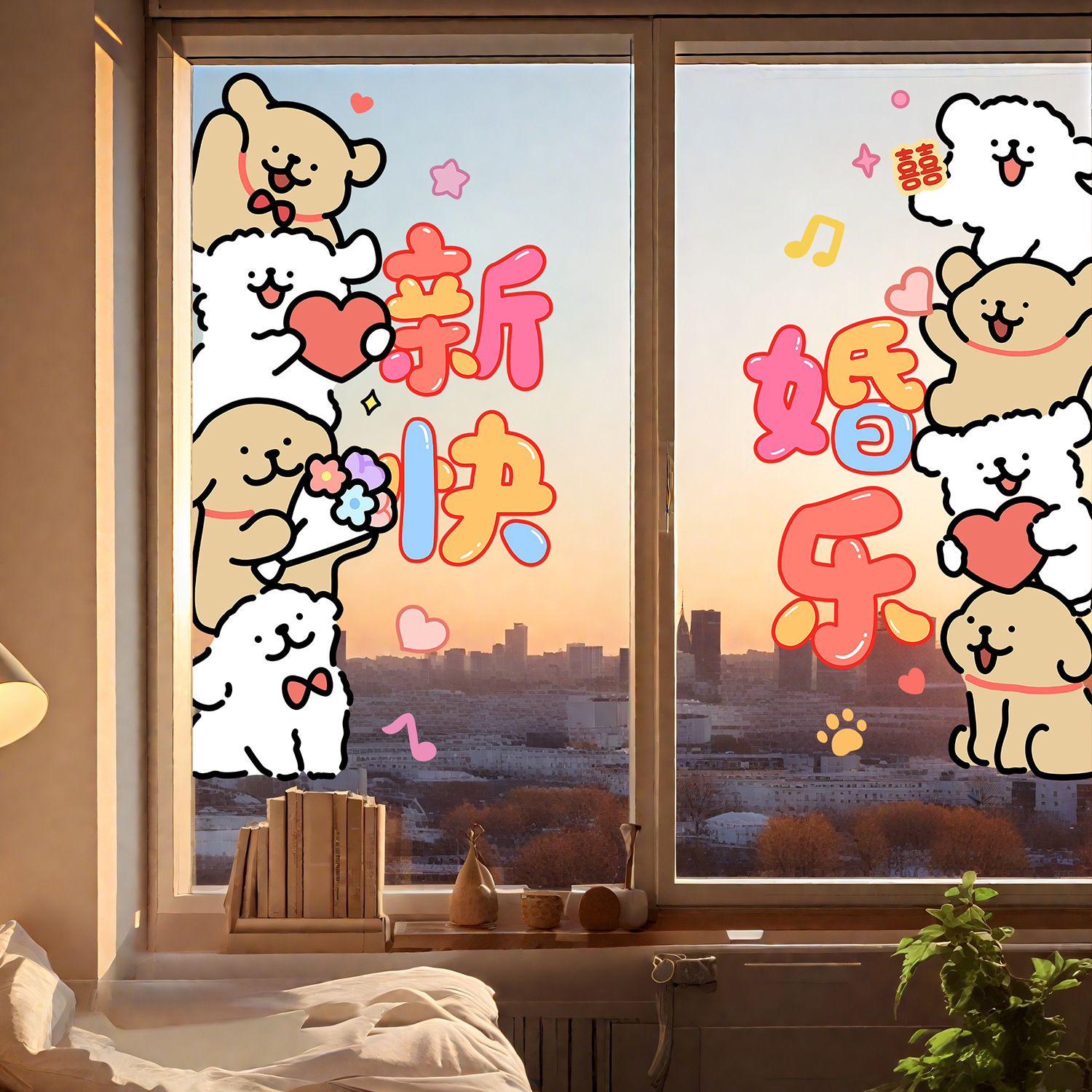 结婚专用喜字贴窗户静电贴线条小狗窗花玻璃贴婚房布置婚礼装饰