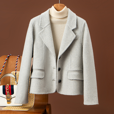 双面羊绒大衣女短款修身西装领