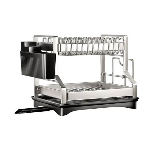 定制不锈钢双层碗碟架杯架厨房置物架收纳晾放刀筷导流款沥水架