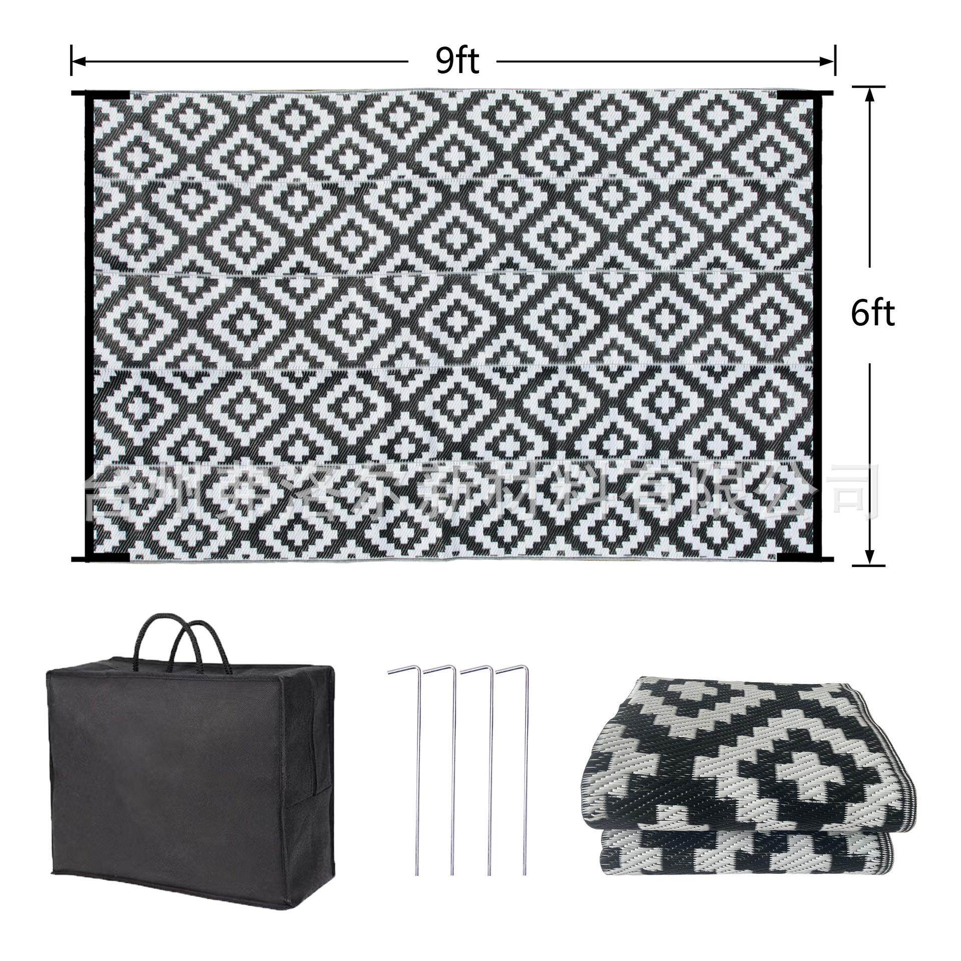 现货6x9FT黑白十字加号PP编织野餐垫户外休闲庭院垫可折叠