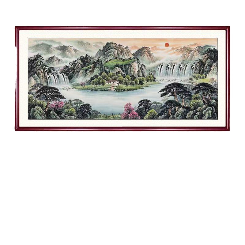 新中式客厅沙发背景墙办公室挂画实木框国画山水画鸿运当头成品带