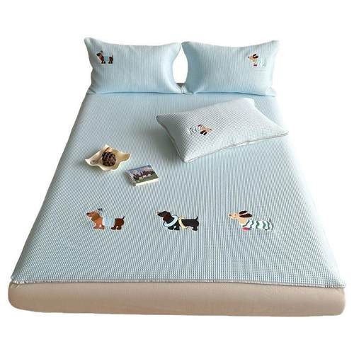 卡通蓝色华夫格小狗冰丝凉席三件套床笠款刺绣空调席可机洗可折叠