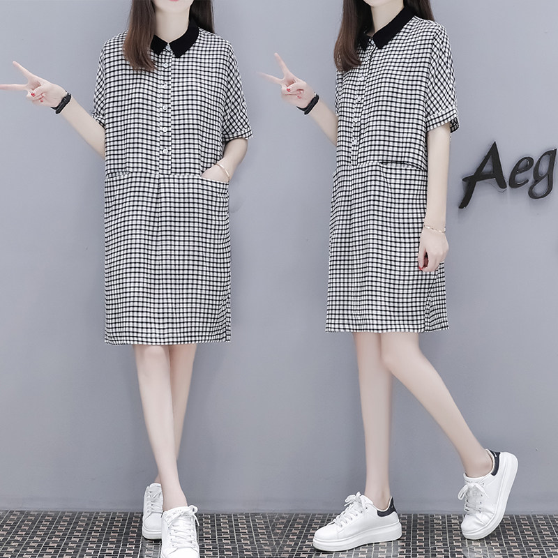 Mealiers格子雪纺连衣裙女装2024夏季新款宽松显瘦大码休闲直筒裙