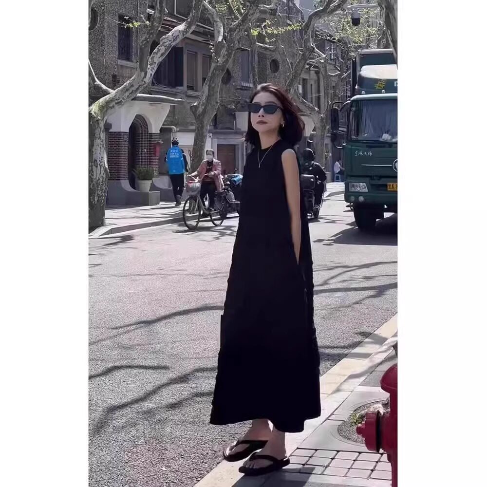 欧洲站2024新款韩版宽松显瘦洋气减龄长裙子女夏季黑色无袖连衣裙
