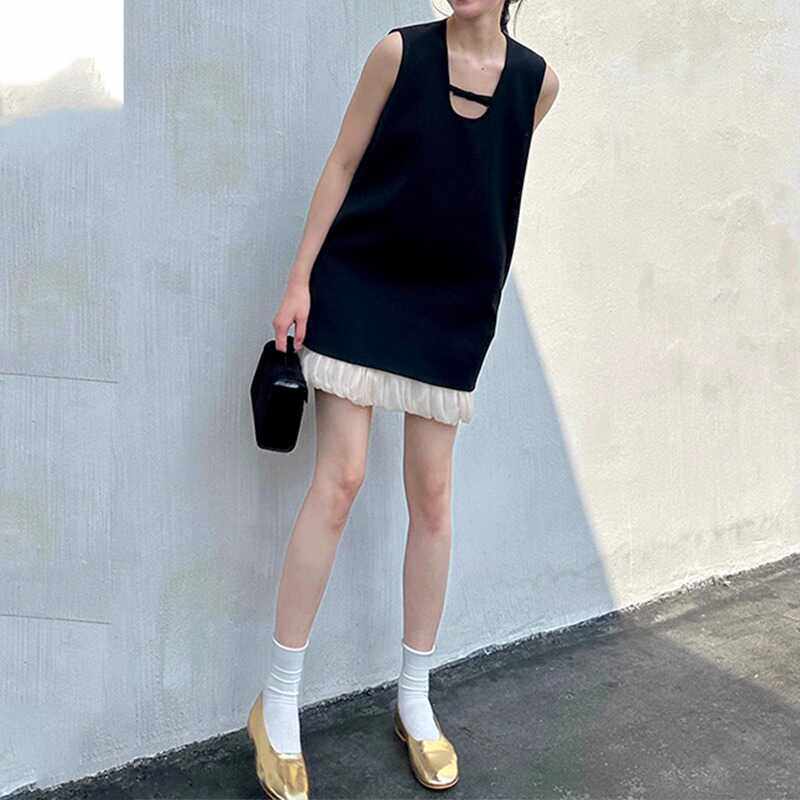 欧洲站2024小个子气质高级感名媛小黑裙遮肉显瘦背心宽松连衣裙夏