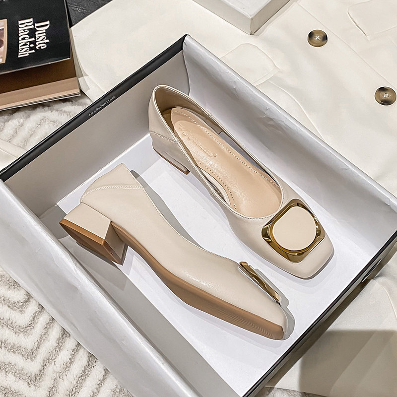 店长自留新款~低跟粗跟单鞋女春夏季真皮百搭方头浅口职业高跟鞋