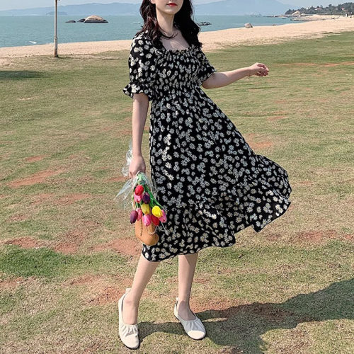 Mularsa 茶歇法式露背雪纺碎花连衣裙女夏2024新款海边度假沙滩裙