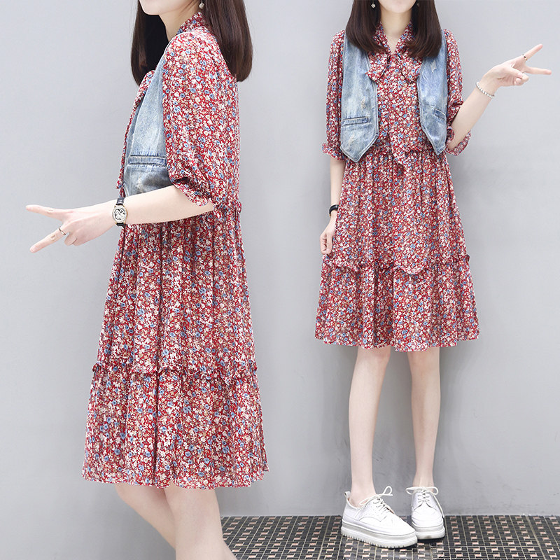 Mealiers牛仔拼接娃娃裙女装夏季新款宽松显瘦大码雪纺碎花连衣裙