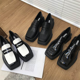 增高松糕复古乐福鞋 香港厚底方头黑色小皮鞋 时尚 女夏季 2025新款