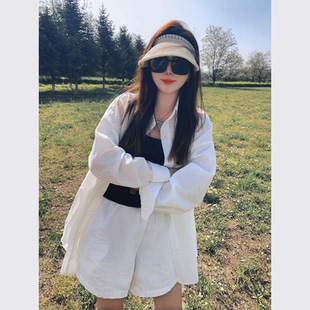 女2024新款 夏装 防晒套装 搭配一整套炸街减龄时尚 休闲白色亚麻衬衫