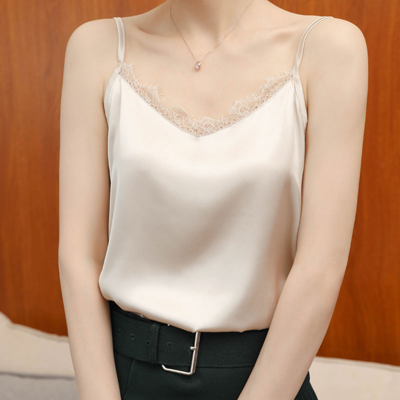 高端V领吊带女夏季丝绸打底性感蕾丝小背心职业配西装内搭上衣女