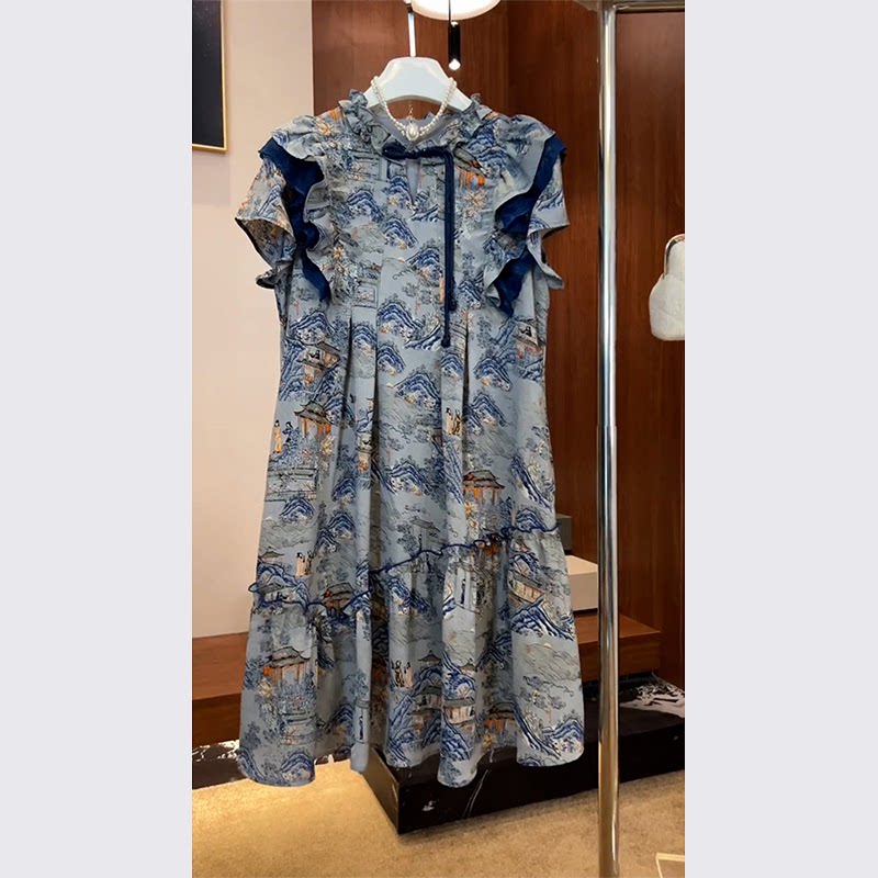 钓系约会裙别致绝美高级感超好看蓝色印花连衣裙子2024新款女夏季