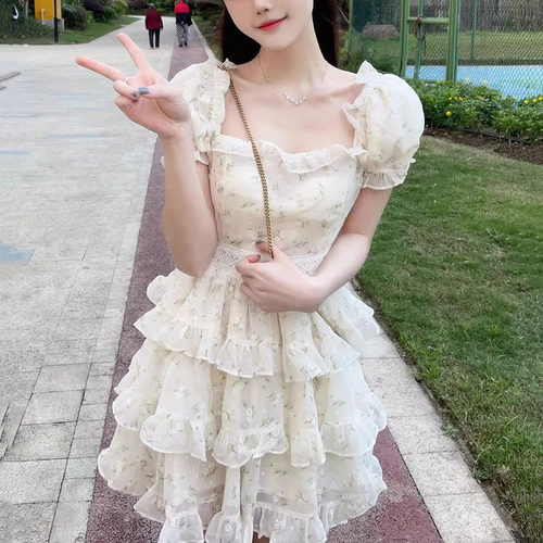 Mularsa法式高端方领碎花连衣裙女2024夏季新款休闲收腰显瘦裙子