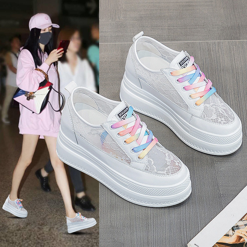 夏天蕾丝镂空小白鞋内增高8CM真皮透气网鞋坡跟凉单鞋女彩带板鞋