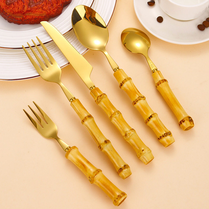 网红不锈钢餐具金色刀叉勺子甜品牛排西餐餐具竹子手柄套装送礼