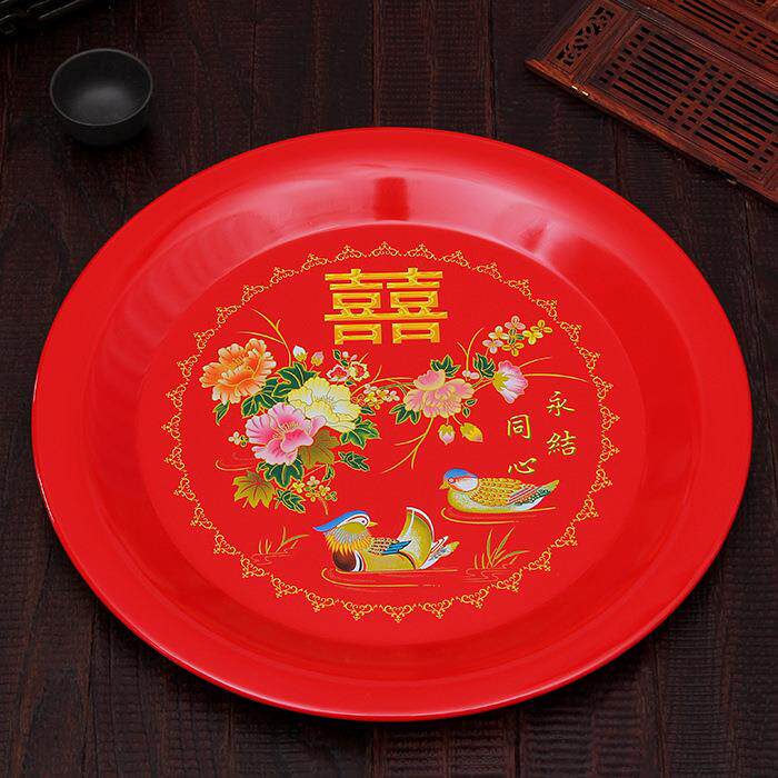 结婚用品托盘婚礼敬茶盘长方形铁喜糖盘水果盘圆形茶盘塑料干果盘