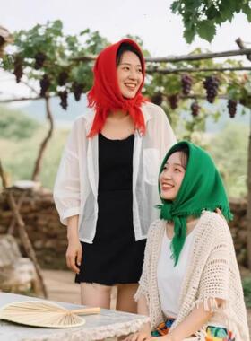 农村妇女头巾网红村姑围巾大红绿色方巾老人老式四方围巾表演道具