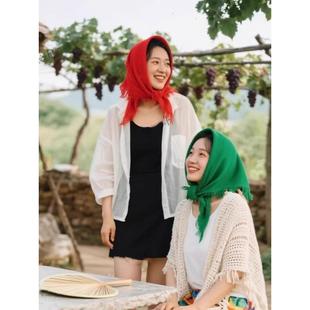 农村妇女头巾网红村姑围巾大红绿色方巾老人老式四方围巾表演道具