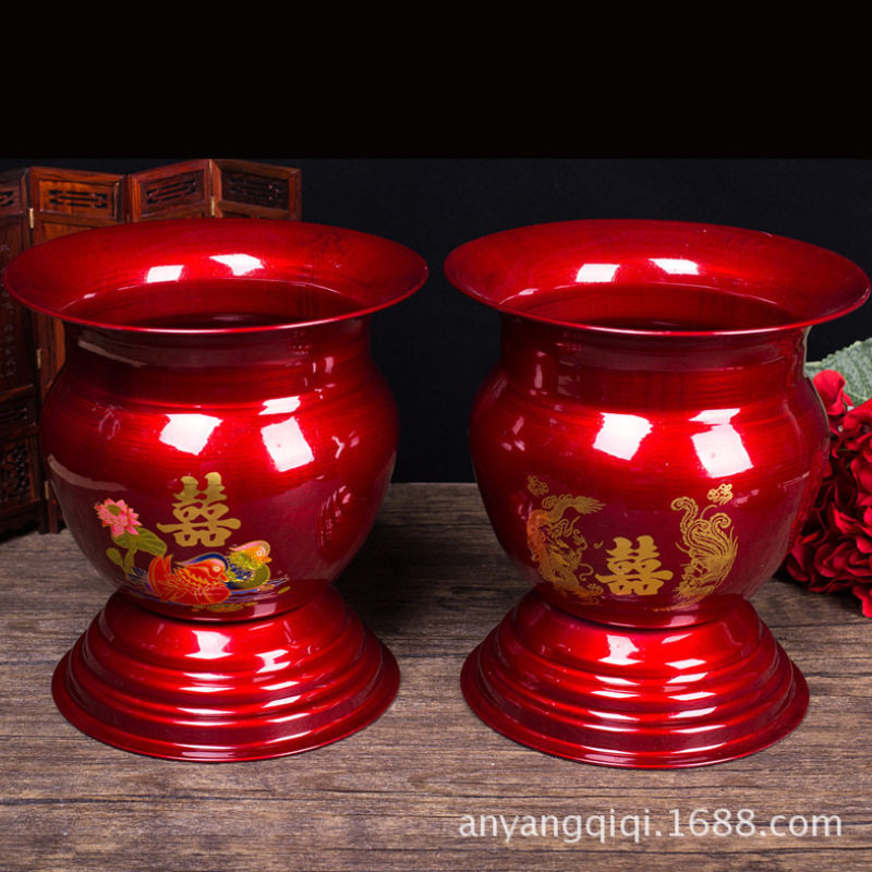 庆婚用品铁痰盂子孙桶红色高脚痰盂红色 带盖夜壶尿壶结婚陪嫁