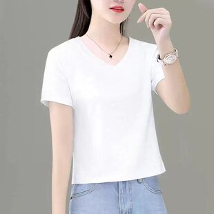 2026新款白色短袖T恤女短款V领小个子高腰纯色百搭T恤显瘦短0309r
