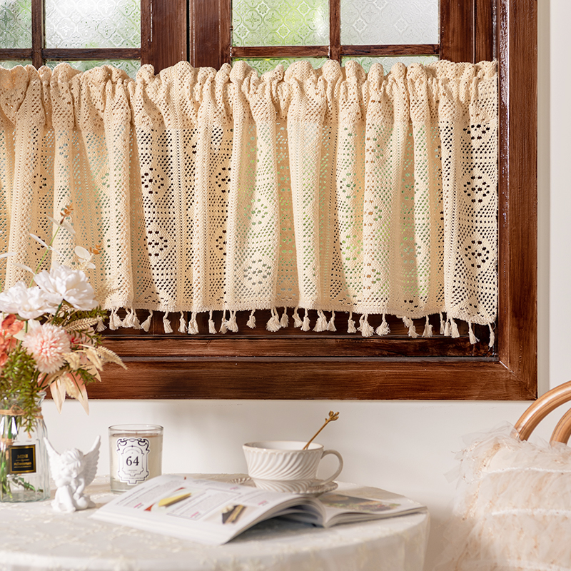 美式复古棉麻蕾丝k小窗帘厨房半帘短帘咖啡帘橱柜遮挡帘门帘免打