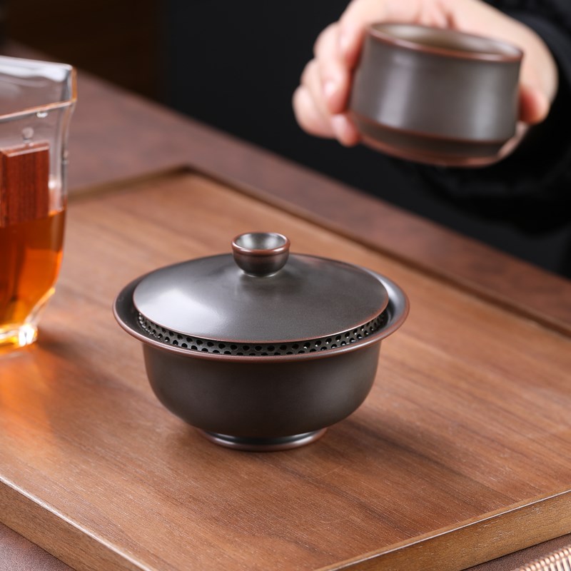 坭兴陶茶壶全孔盖碗 免过滤防烫手盖碗入K门实用个人便携陶瓷茶具