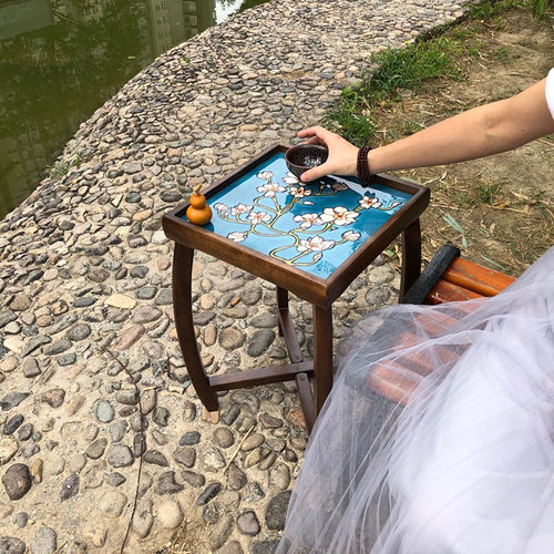 实木边桌b沙发茶桌边几复古茶几方桌榫卯结构高档立体手绘镶嵌桌
