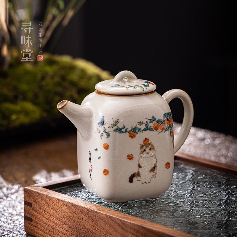 猫咪汝窑四方壶西施壶复古开B片可养汝瓷茶杯中式家用功夫茶具,餐饮具,茶壶,淘宝优惠券,粉丝福利购,淘宝优惠卷