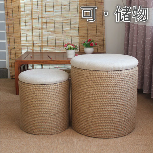 蒲团坐墩麻绳手工收纳可储物矮凳门厅小凳子亚麻绳编实Y木架子包