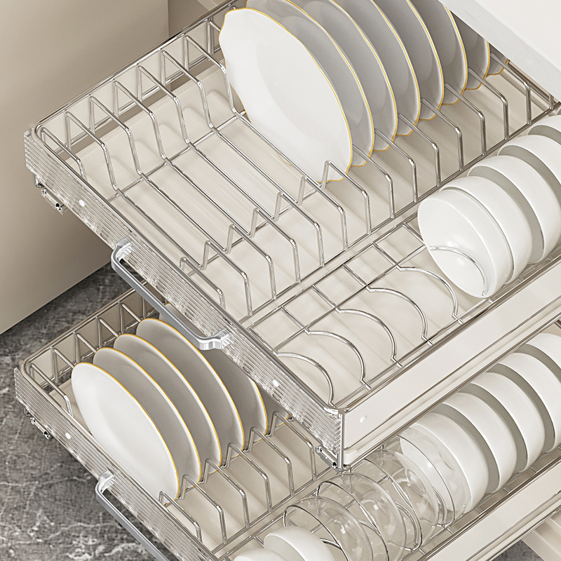 厨房碗碟收纳层架沥水碗架子不锈钢家用整体橱I柜内置抽拉式碗篮2