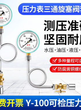 Y100可检压力表带缓冲管三通旋塞阀焊接底座套装水压气压油压液压