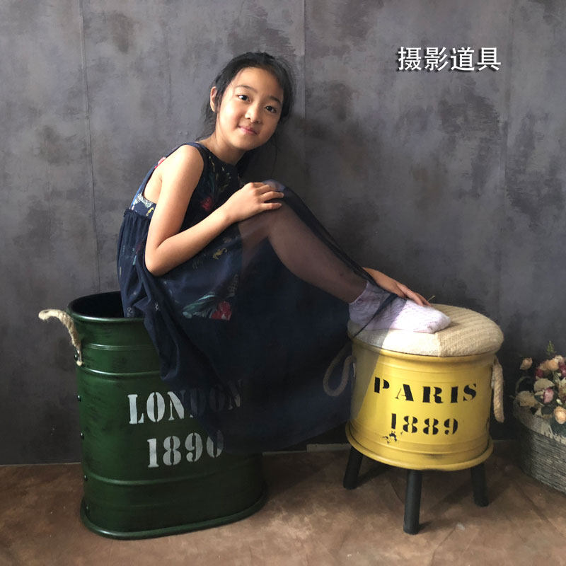 复古铁皮收纳凳铁艺换鞋凳子创意收纳H桶储物凳酒吧装饰拍摄道具