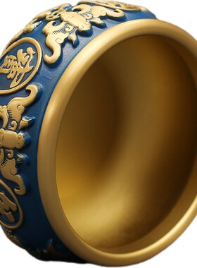 纯黄铜蓝色聚宝盆桌面摆件新式办公室开业乔迁存钱罐Y米缸装饰收