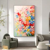 奶油风客厅装 饰画抽象彩绘花卉落地画沙I发背景墙壁画肌理玄关挂