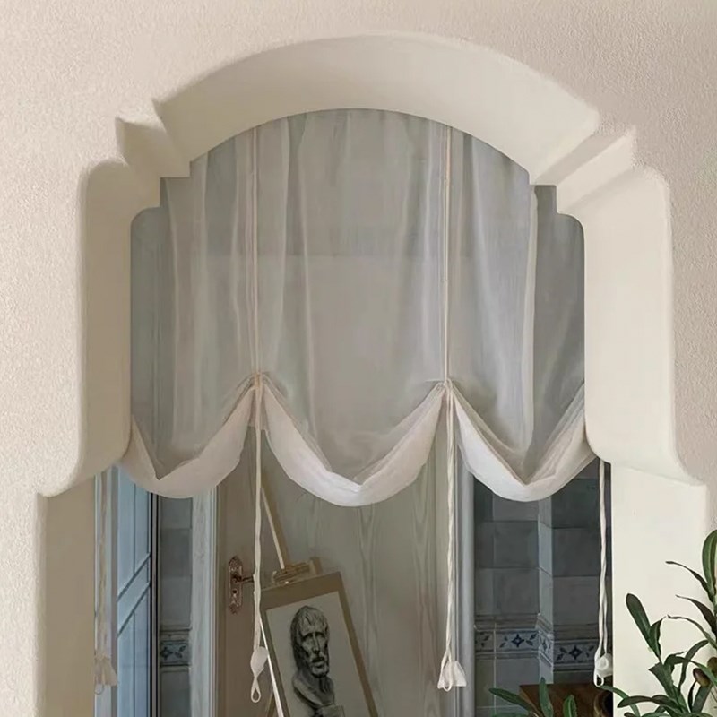 日式亚麻提拉帘弧形拱形门帘复古罗F马帘魔术贴半帘系带升降帘隔