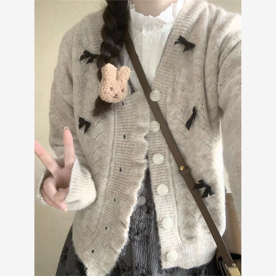 灰色蝴蝶结针织开衫外套女早秋日系甜美减龄毛衣宽松显瘦短款上衣