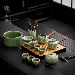 复古青瓷功夫茶具套装侧把壶公道杯茶盘茶杯全套客厅会客泡茶器