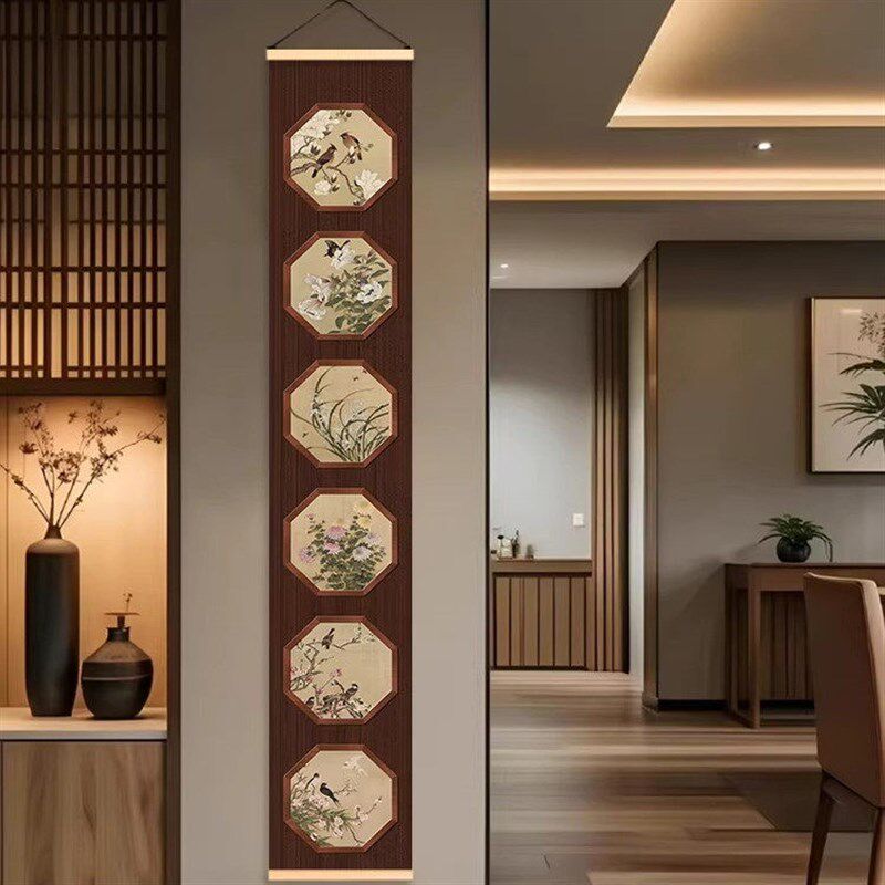 速发竖版装饰画客厅走廊墙上入户门中式植物花鸟竖式墙面布艺挂帘
