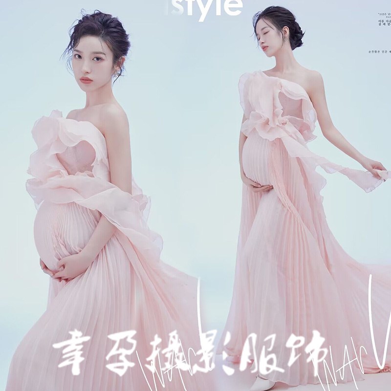 速发孕妇照服装影楼孕妈大肚照在家拍小粉新清色纹定高理蓬蓬裙艺