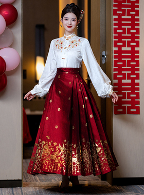 速发红色马面裙套装中式汉服嫁衣敬酒服新娘旗袍裙婚礼服订季冬秋