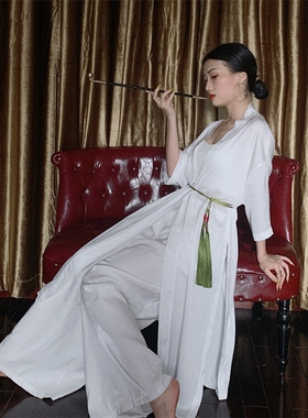 速发中Y袖盖盖白色长斗篷纯色仙气飘逸开衫中ZW国风长衫