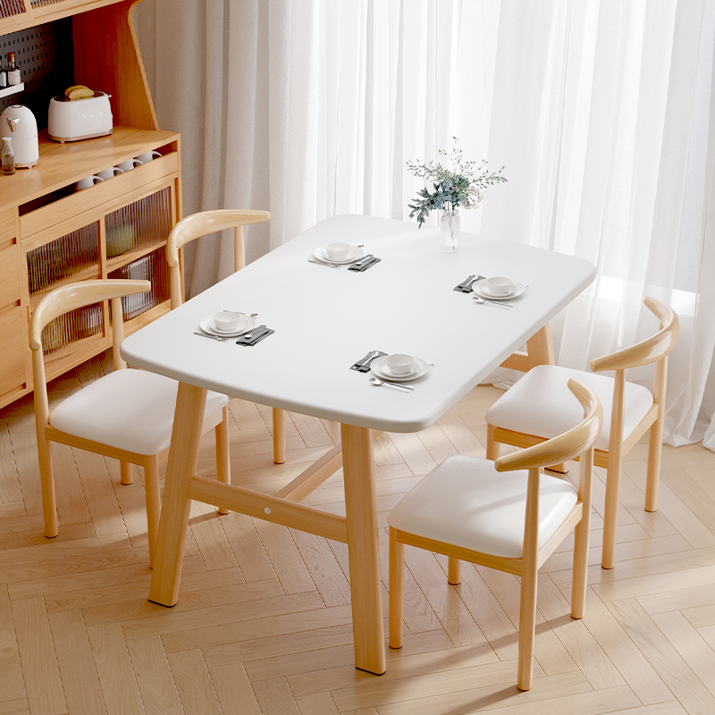 速发奶油约餐桌椅家用小户型长桌形吃饭桌简风房方椅套装