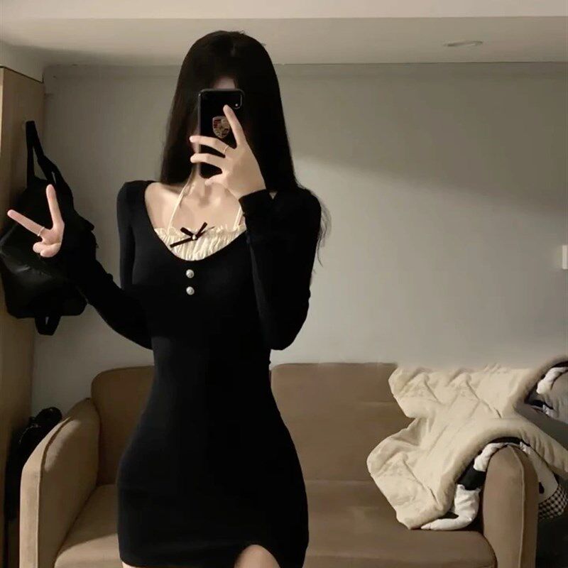 速发纯欲裙妹内搭连衣辣春秋新款假两件打底性感包臀短裙子