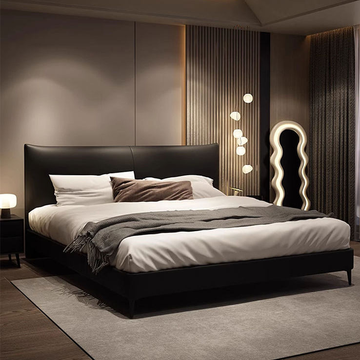 现代简约头层牛皮真皮床轻奢主卧双人软包床头高端大气香奈皮艺床