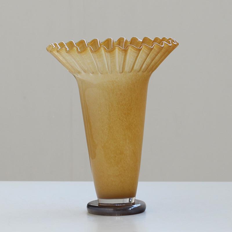 古风创意大口荷间叶边卷口褶皱琉璃花瓶软装CFE家中居样板客厅饰
