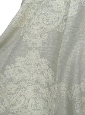 EG-1810120-270V0L粘亚麻底布绣链条绣撞色绣花布刺绣面料