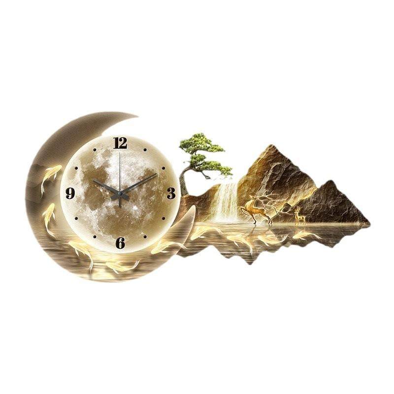 日照金山带钟表挂墙餐厅装饰画创意挂钟饭厅餐桌时钟轻奢客厅挂画