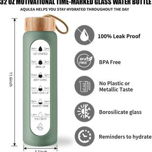 1000ml大容量竹盖玻璃杯带时间刻度硅胶保护套水杯带茶隔