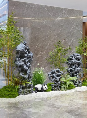 快速发货中式室内入户景观楼梯下仿真绿植假山石T组合造景酒店玄