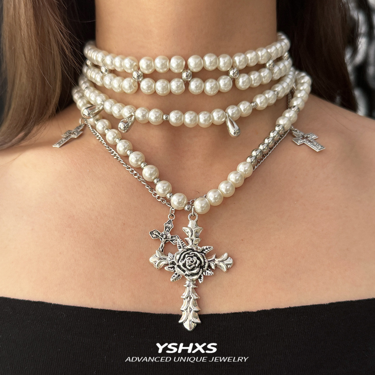 多层叠戴十字架珍珠项链可调节颈链chocker小众设计感多层锁骨链,饰品/流行首饰/时尚饰品新,项链,淘宝优惠券,粉丝福利购,淘宝优惠卷